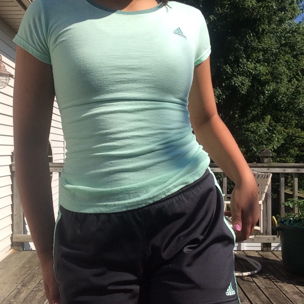 Mint green adidas shirt and shorts set